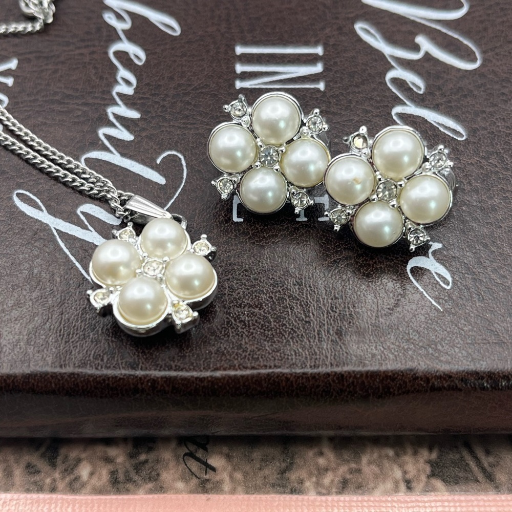 Vintage Sarah Coventry Pearl Rhinestone Necklace Earrings Set Signed